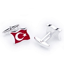 Gümüş Kırmızı Mineli Türk Bayrağı Kol Düğmesi TG004