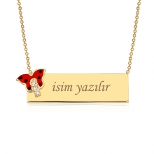 İsim Yazılan Kelebekli Altın Plaka Kolye AS885KL