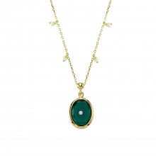 Yeşil Oval Taşlı Pırlantalı İnci Kolye DM00441